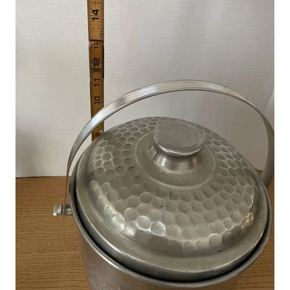 Vintage MCM Ice Bucket Nasco Italy Hammered Aluminum w Lid & Handle Retro Decor